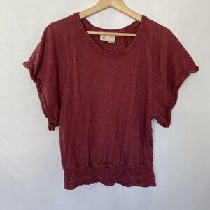 Anthropologie Saturday/Sunday Burgundy Smocked Hem Short Sleeve Top Size S